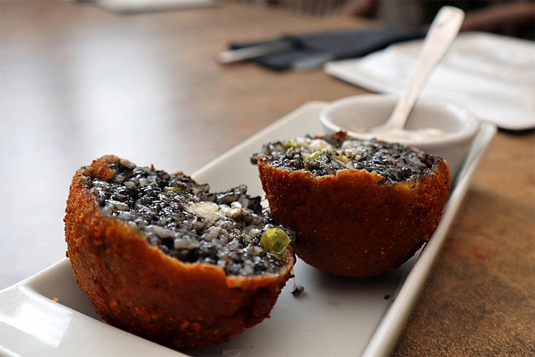 Black rice risotto balls at The Chimney