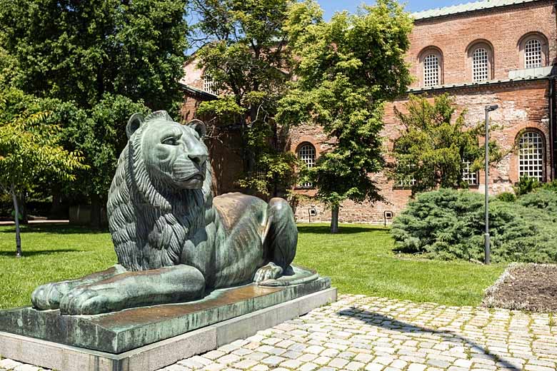 Bronze lion statue outside St Sofia Basilica