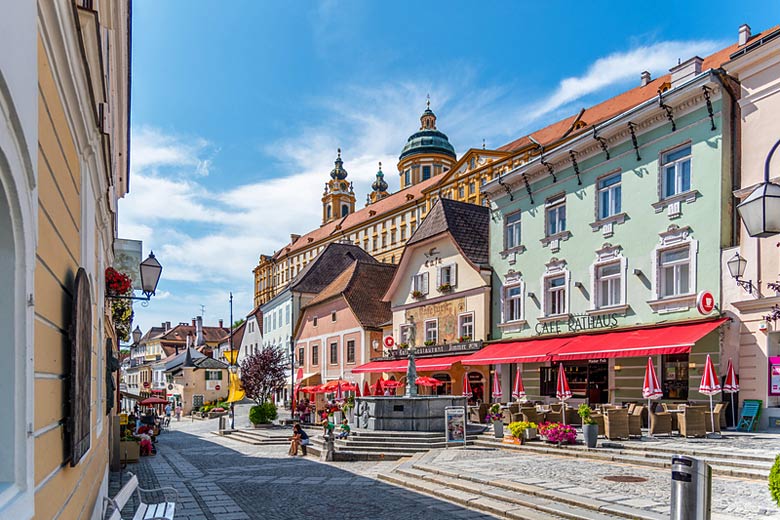 The historic Old Town of Melk on the Danube in Austria