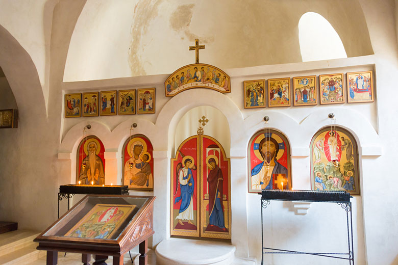 Colourful Russian icons inside the David Gareja Monastery