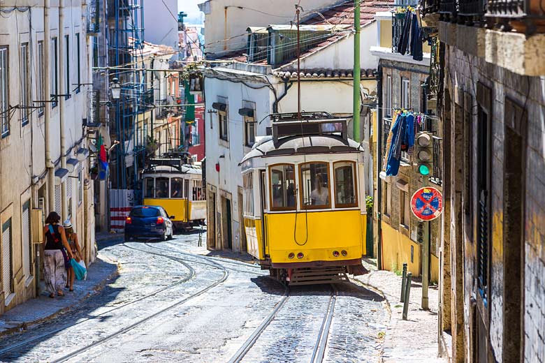 Trams negotiating the steep winding streets of Lisbon