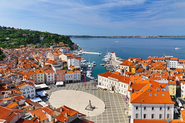 Main square in the picturesque town of Piran, Slovenia