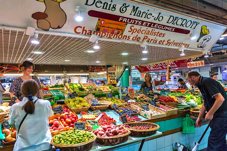 Market stall inside the Marché des Capucins, Bordeaux