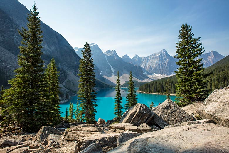 Blue waters of Moraine Lake, Alberta