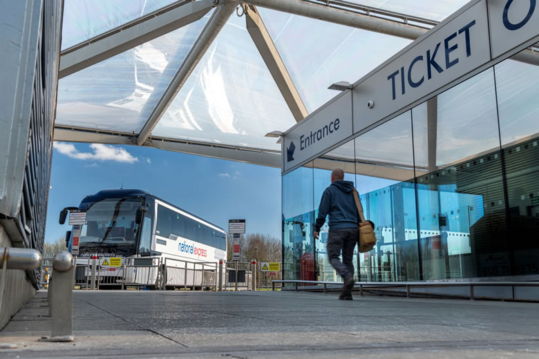 National Express coach at London Stansted Airport Terminal