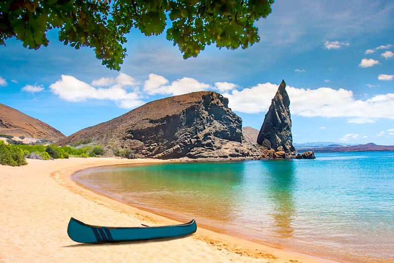 Pinnacle Rock and the beach where many people come to swim